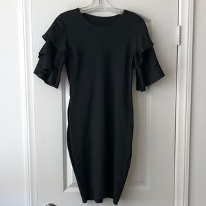 Elegant Black Midi Dress with Layered Ruffle Sleeves